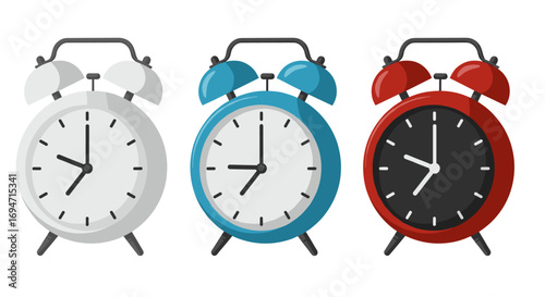 Colorful retro alarm clocks with vibrant designs on white background