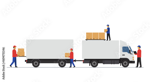 Truck loading process with workers handling delivery boxes in flat design