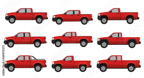 Set of red pickup trucks in flat style from different angles