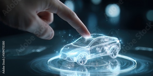 A hand interacts with a holographic car design
