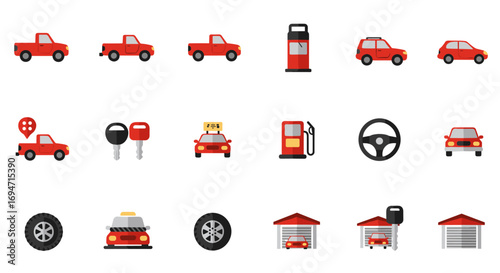 Flat style red car icons with garage and fuel elements for automotive design
