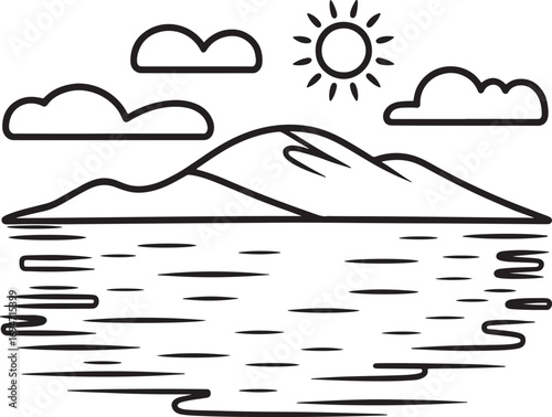 Minimalist Landscape Drawing of Mountains, Water, Clouds, and Sun for Coloring Books and Creative Projects with Simple Line Art