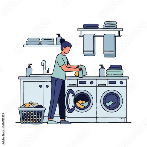 Woman doing laundry at home with washing machines and clean folded towels