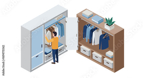 Isometric wardrobe organization: modern closet with clothes and storage solutions