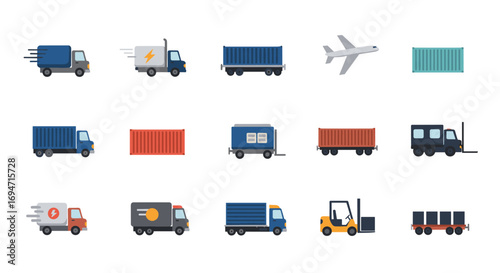 Logistics and transportation icons: delivery trucks, cargo containers, forklift, planes