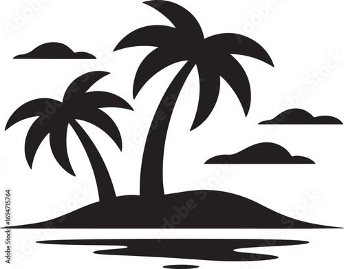 Monochrome Tropical Island Paradise with Palm Trees and Clouds Silhouette Against a White Background Evoking Tranquility