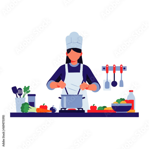 Chef cooking delicious meal in modern kitchen with fresh ingredients and vibrant colors