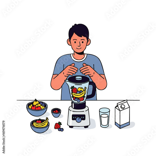 Happy person preparing a healthy fruit smoothie with fresh ingredients for a vibrant lifestyle