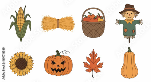 Harvest Season Icons Featuring Corn, Hay Bale, Basket of Apples, Scarecrow, Sunflower, Jack-o'-Lantern, Leaf, and Gourd for Autumn Decor and Festive Designs