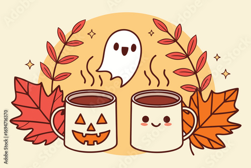 Vector art of cute cartoon ghost and two mugs of hot chocolate with fall leaves, perfect for halloween and autumn season