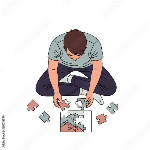 Man thoughtfully assembling puzzle pieces, seeking solutions and clarity for complex challenges