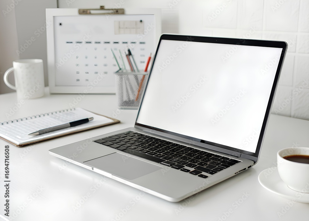 Fototapeta premium Modern laptop on a desk with office supplies