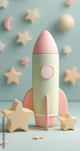 Fototapeta Naklejka Na Ścianę i Meble -  Pastel rocket ship surrounded by stars and moons on a light blue background