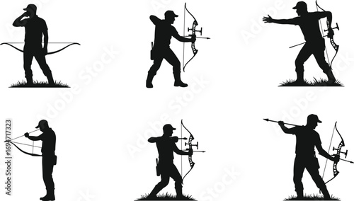 Compound Bow Archer Silhouettes in Varied Action Poses on White Background for Sports, Motion Study, and Design Content