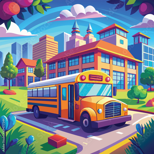Bright yellow school bus parked on a sunny day in front of a modern school building