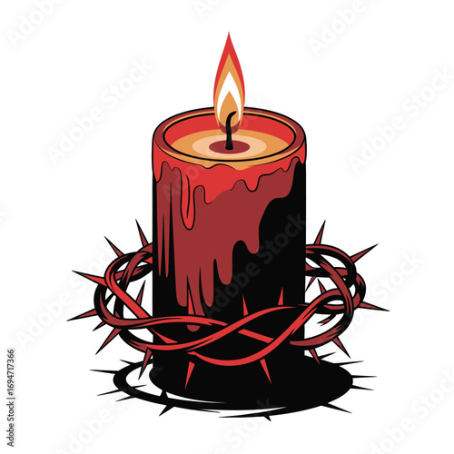 Colorful vector of a lit candle surrounded by a crown of thorns isolated on white background