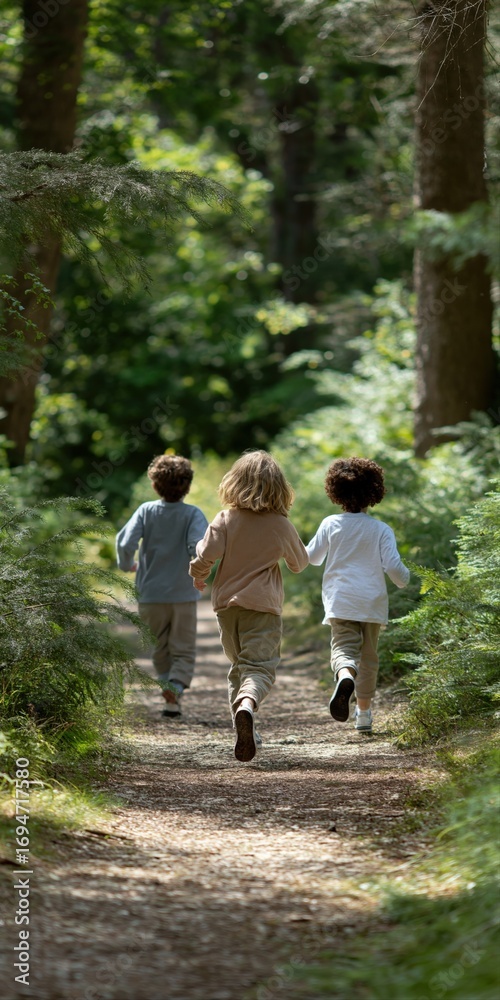 Obraz premium Joyful children running through forest trail on sunny day