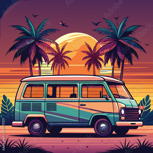 Retro van parked on a beach road surrounded by palm trees during a vibrant sunset
