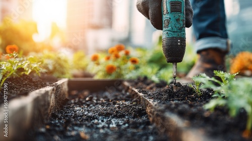Person using a drill to prepare a garden bed.