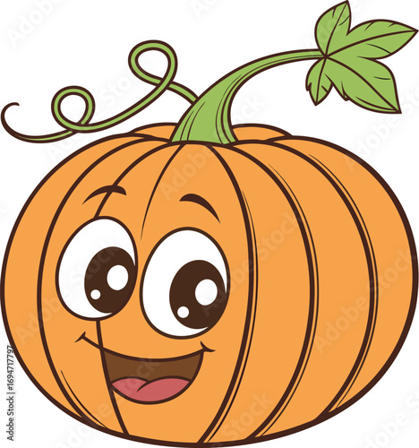 Vector art of cute cartoon pumpkin with a happy face and green stem