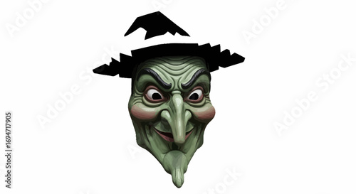 Cartoon Witch Head with Green Skin and Pointed Hat for Halloween Decoration and Spooky Themed Events. Ideal for digital art, illustrations, and creative projects.
