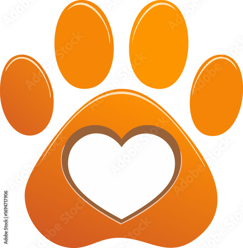 A stylized orange paw print with a heart cutout in the center, symbolizing love for animals.