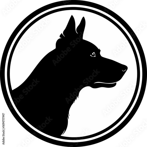 A black silhouette of a German Shepherd dog's head in profile, enclosed within a thick black circle.
