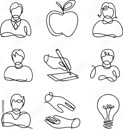 education, and, knowledge, transfer, icons, in, a, continuous, line, art, style, symbolizing, teaching, creative, ideas, vector