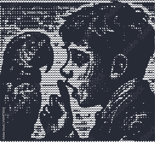 Young boy teaching a parrot to speak - charming halftone artwork. speaking, young, child, bird, lesson, education, nature, animal, pet.