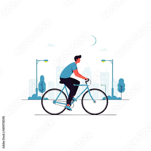 Energetic cyclist enjoying a ride on a blue bike in a modern city setting with a moon