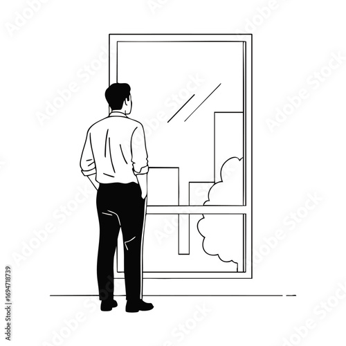 Man gazing at city skyline through window, contemplating future business opportunities