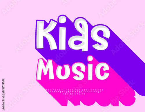  Vector Funky logo Kids Music. Playful Font with Big Pink Shadow. Bright Children Alphabet Letters and Numbers set. 