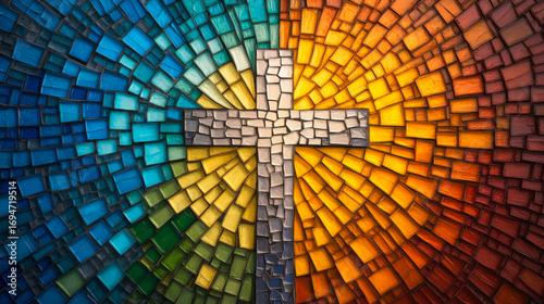 A Radiant Mosaic Cross Uniting Warm and Cool Colors of Faith