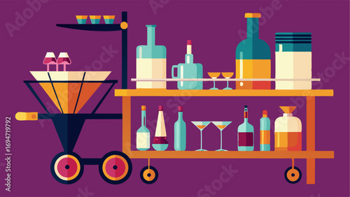 A modern sleek bar cart stocked with crystal glassware and decanters ready for a gl tail party.
