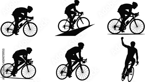 Cyclist Silhouettes in Five Racing and Climbing Poses with Stylized Wheels and Victory Gesture for Sports and Design Content