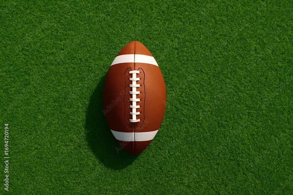 Obraz premium Vibrant American football on green grass celebrating the excitement of the Super Bowl event