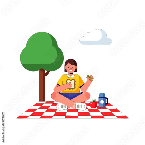 Happy person enjoying a picnic outdoors with sandwich, apple, and thermos on a sunny day