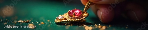 Close-up shot of a jeweler meticulously applying gold gilding to a delicate piece of jewelry, highlighting the intricate detail and craftsmanship , metallic, paint