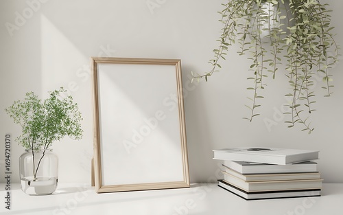 Minimalist studio scene with plants and books clean bright