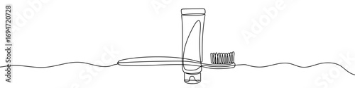 Toothbrush and toothpaste in one line art style. Drawing of hygiene items with an editable black stroke on a white background. Vector illustration.