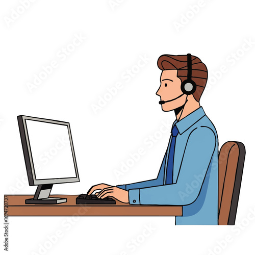 Customer service representative assisting clients with headset while typing on keyboard at desk