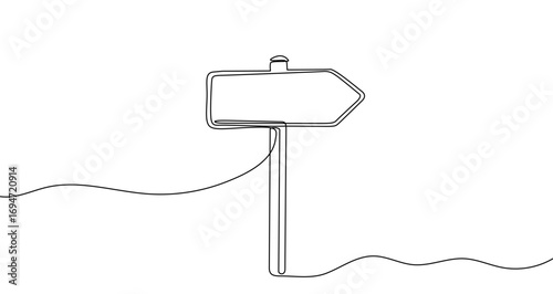 Directional sign in one line art style. Drawing of a road sign with an editable black stroke on a white background. Vector illustration.