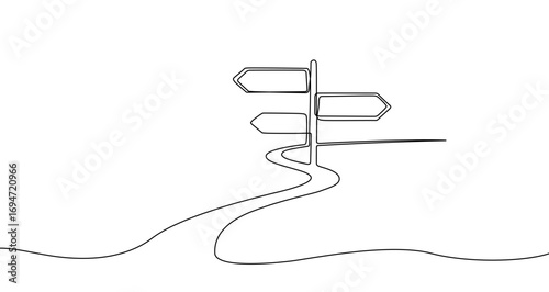 Directional sign in one line art style. Drawing of a road sign with an editable black stroke on a white background. Vector illustration.