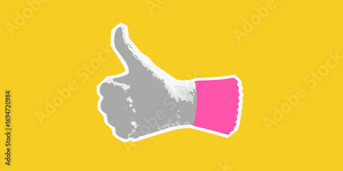 Stylized thumbs up icon with pink accent on a bright yellow background