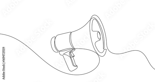Megaphone in one line art style. Drawing of a bullhorn with an editable black stroke on a white background. Vector illustration.