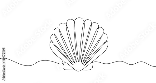 Seashell in one line art style. Drawing of a shell with an editable black stroke on a white background. Vector illustration.