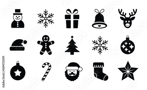 Festive Christmas Icon Set,  Vector Collection of Holiday Symbols Such as Tree, Snowflake, Bauble, Gift, Bell, Star, and Seasonal Elements on White Background