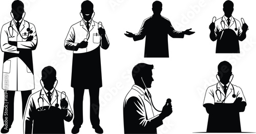 Doctor Silhouettes in Varied Poses with Lab Coats, Stethoscopes, and Clipboards on White Background for Healthcare and Design Content