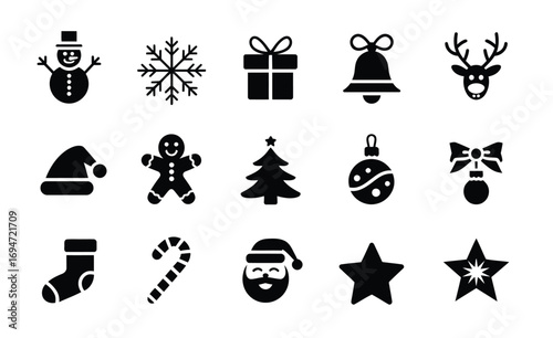 Christmas Icon Set,  Holiday Collection with Decorative Elements Such as Tree, Snowflake, Gift, Bauble, Bell, and Festive Seasonal Symbols on White Background