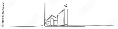 Growth chart in one line art style. Graph drawing with editable black stroke on white background. Vector illustration.